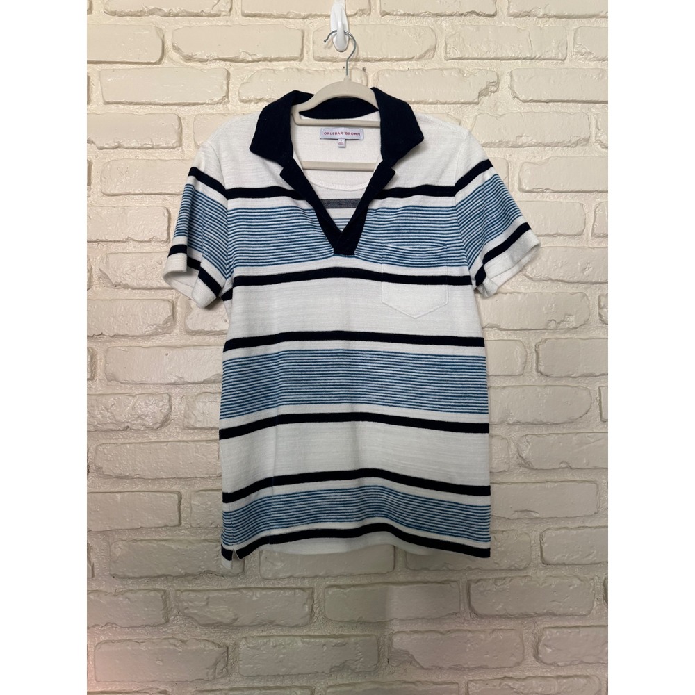 Orlebar Brown Terry Cloth Striped Towelling Polo Shirt Johnny Collar Mens Small